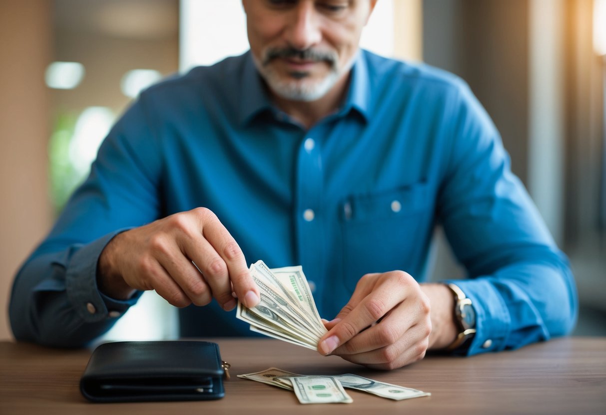 A father counting out money from a wallet, with a thoughtful expression on his face