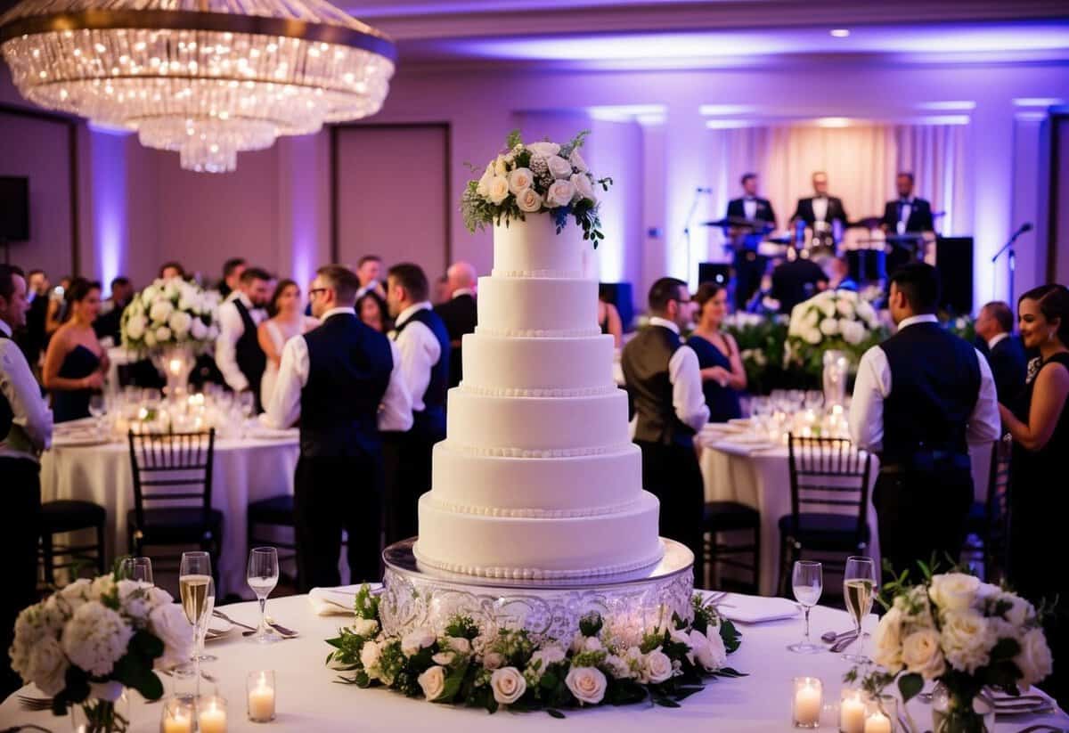 A lavish wedding reception with elegant decor, floral centerpieces, and a grand tiered cake surrounded by bustling guests and a live band