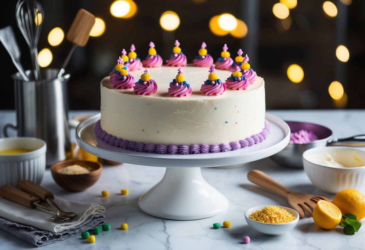 A 10-inch round cake displayed on a white cake stand, adorned with colorful frosting and decorative accents, surrounded by baking ingredients and utensils