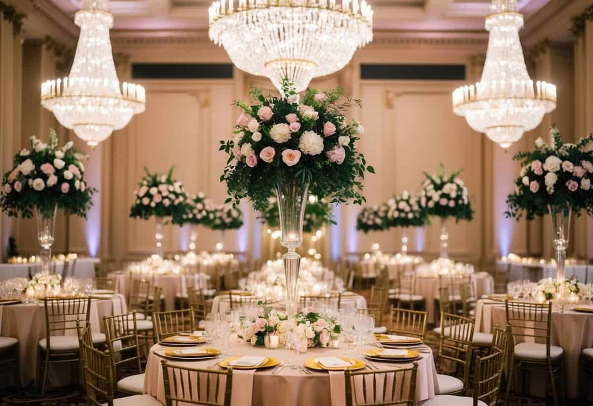 A grand ballroom with towering floral centerpieces, sparkling chandeliers, and a lavish banquet table adorned with gold-trimmed place settings