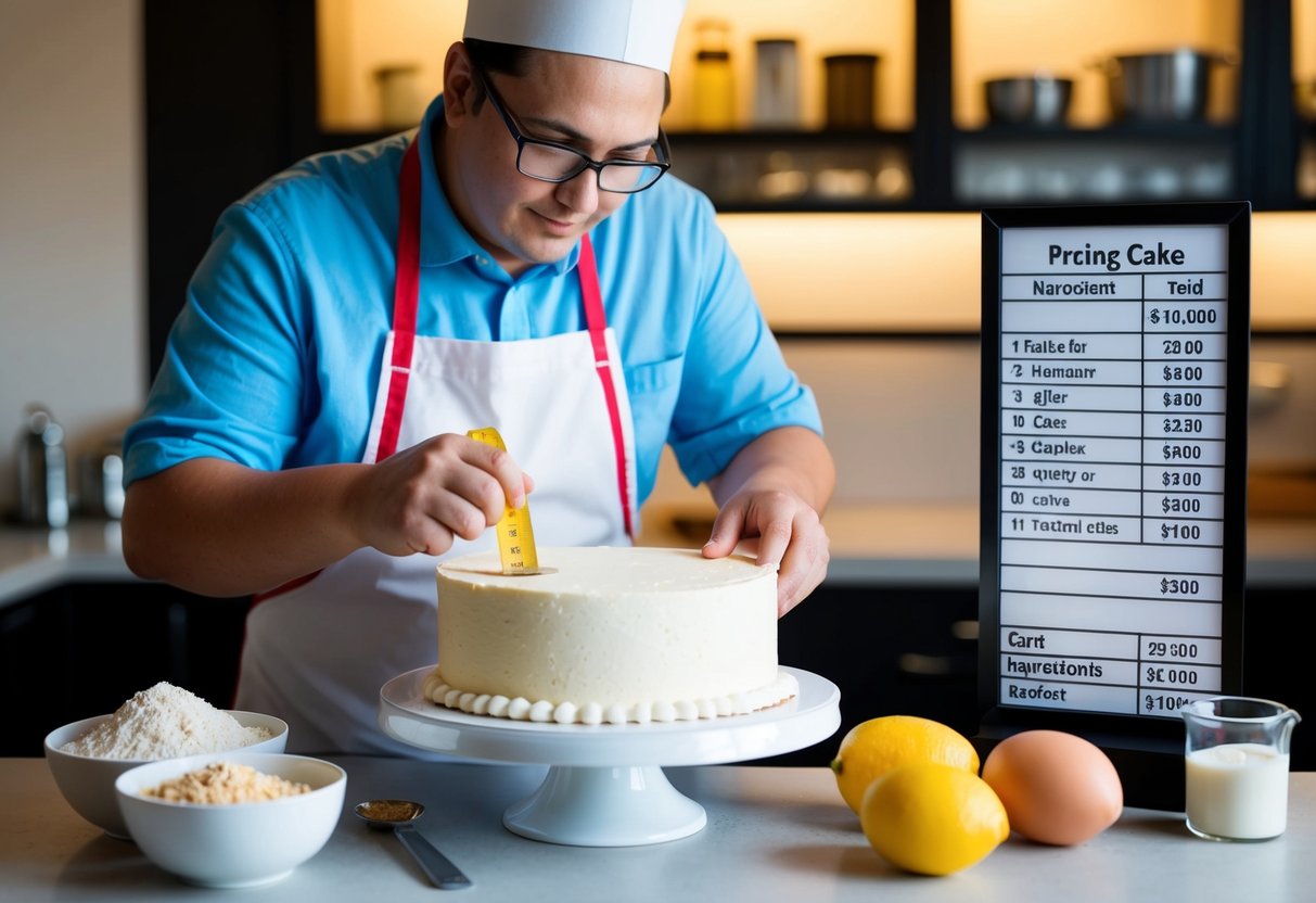 A baker measuring and pricing a 10-inch round cake, surrounded by ingredients and a pricing chart