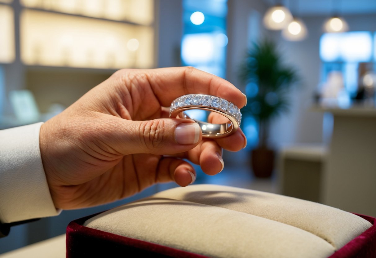 A jeweler's hand holds a gleaming wedding band, displayed on a velvet cushion in a softly lit showroom