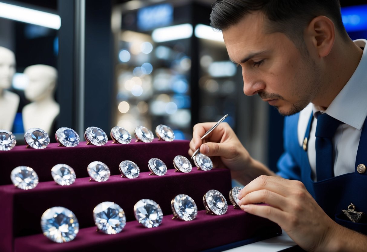 A jeweler carefully inspects a selection of sparkling gemstones and diamonds, arranging them on a velvet display