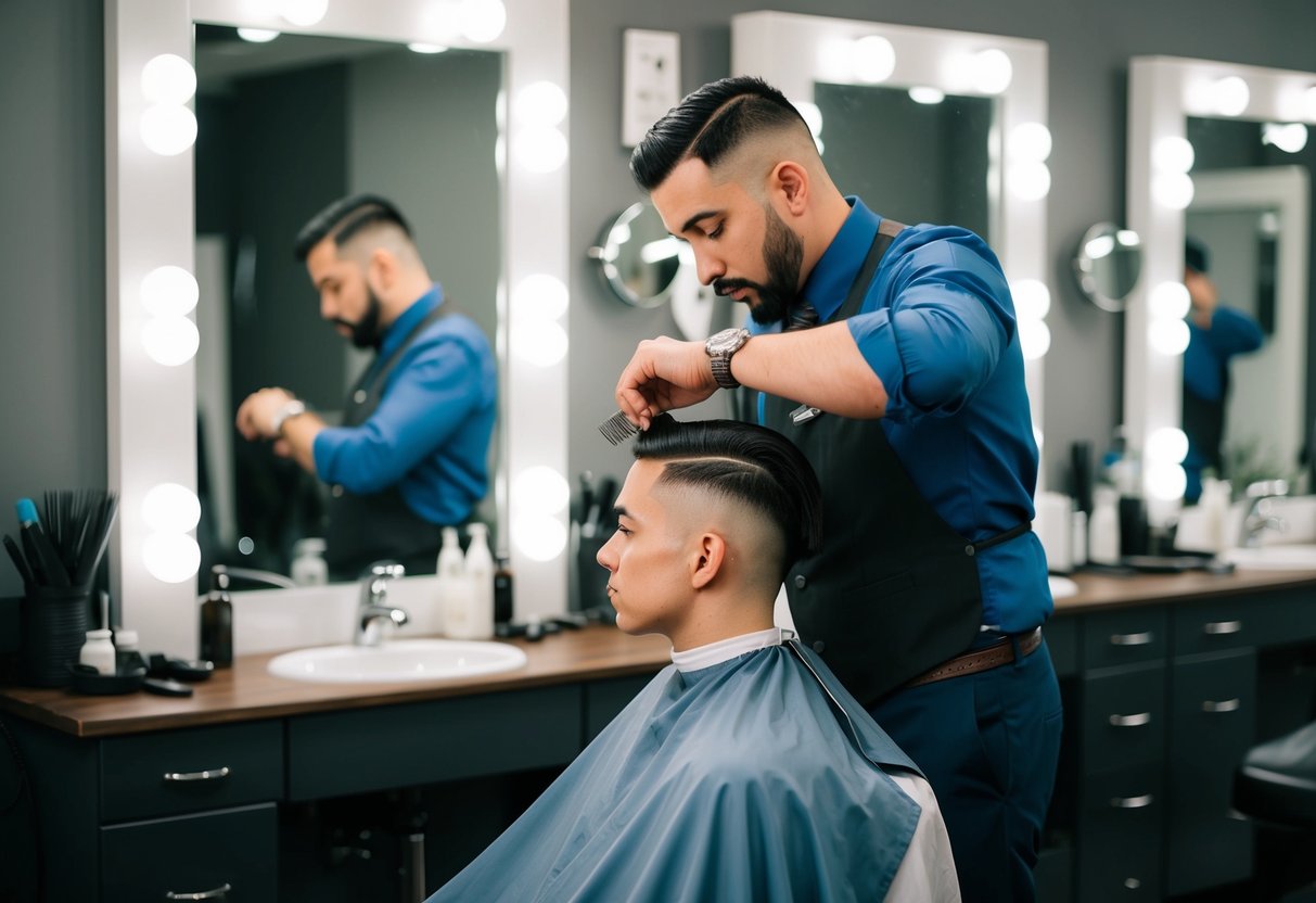 A person sitting in a barber's chair, surrounded by mirrors and hair cutting tools, with the barber carefully trimming their hair in preparation for their wedding