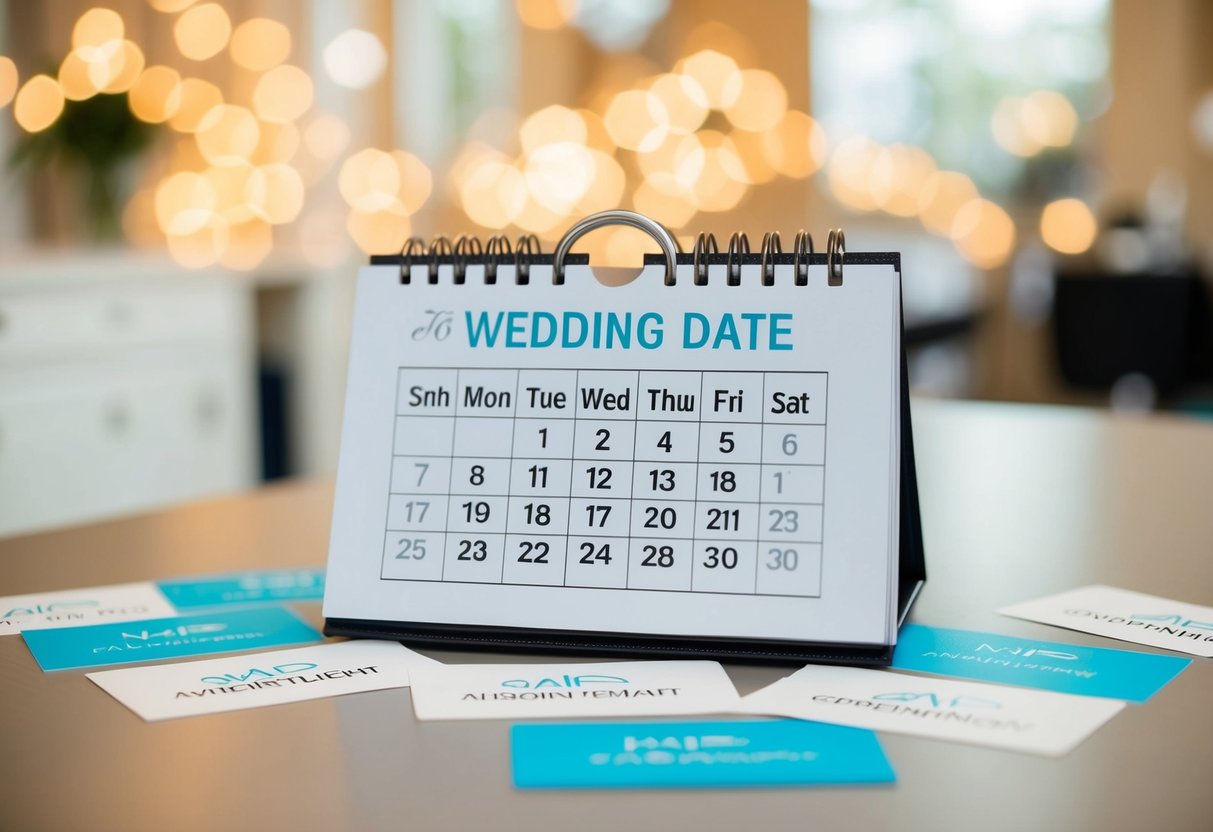 A calendar with a wedding date circled, surrounded by hair salon appointment cards