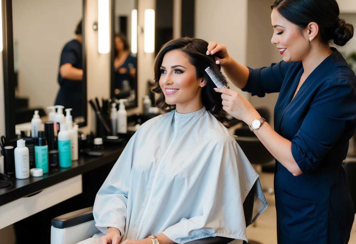 A woman in a cozy salon chair, surrounded by hair care products and tools, getting a pre-wedding haircut from a skilled stylist