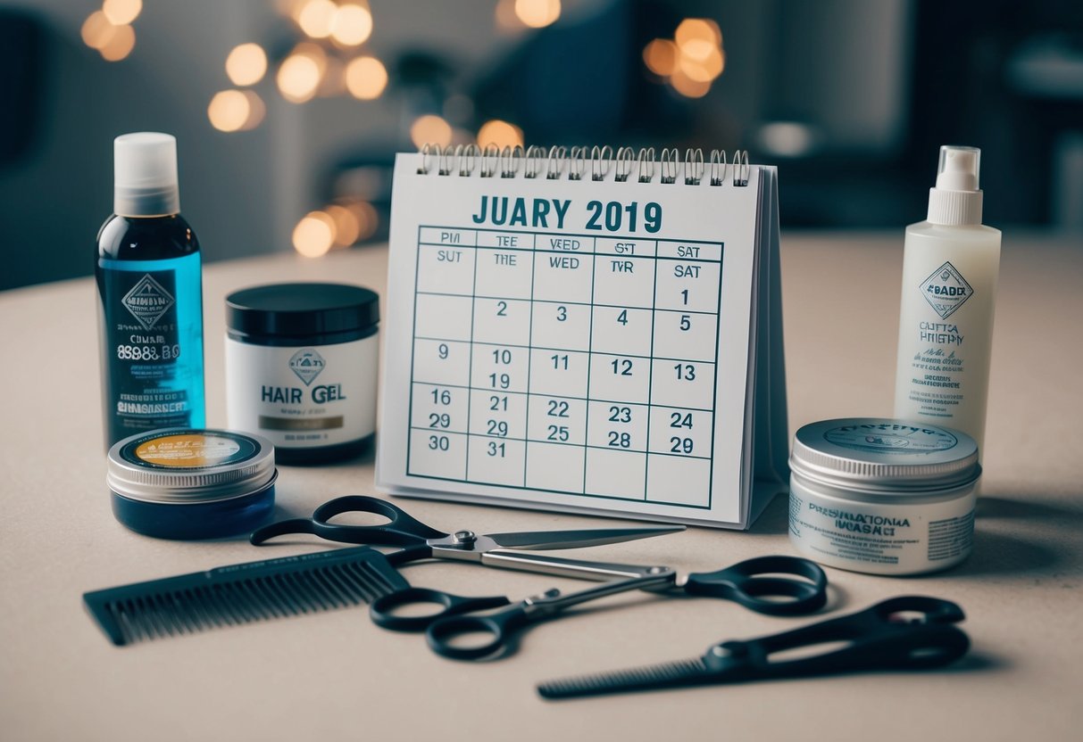 A calendar with a wedding date circled, surrounded by various grooming tools and products, such as scissors, combs, and hair gel