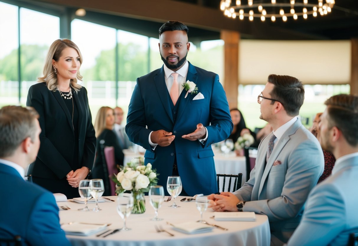 A venue coordinator and a client discussing space needs for 100 wedding guests