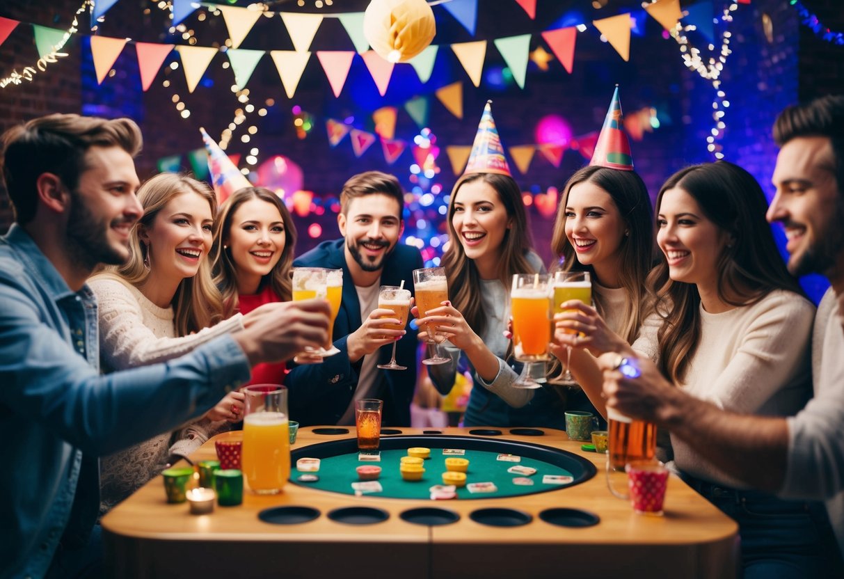 A group of friends celebrating with drinks and games, surrounded by decorations and music, in a lively and energetic atmosphere