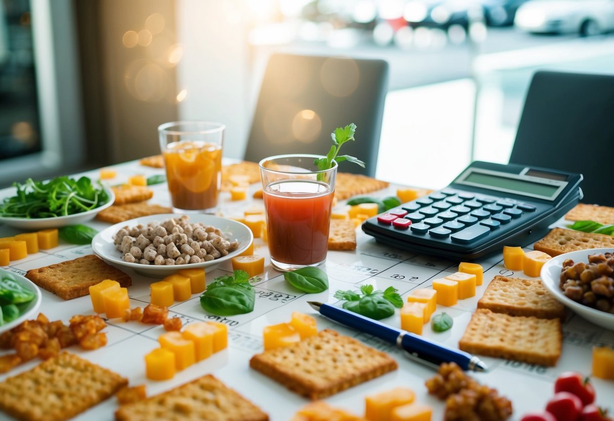 A table covered in food and drink quantities, with a calculator and pen