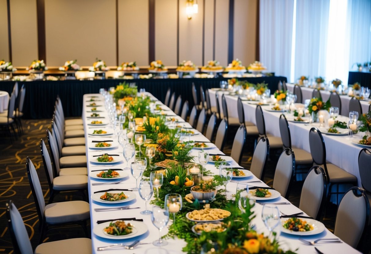 A banquet hall with long tables set for 80 guests, adorned with elegant place settings, centerpieces, and a buffet table filled with a variety of dishes
