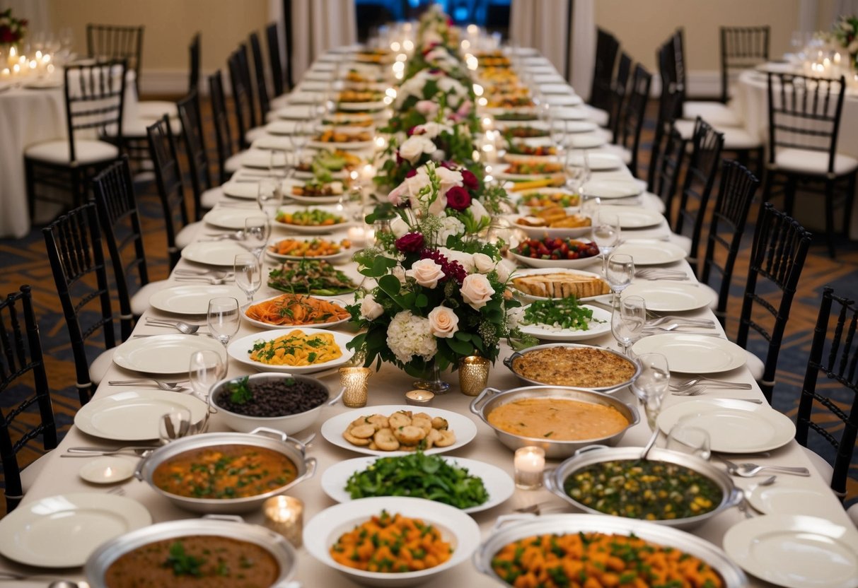 A large banquet table filled with an array of dishes and platters, surrounded by chairs and adorned with elegant table settings and floral centerpieces