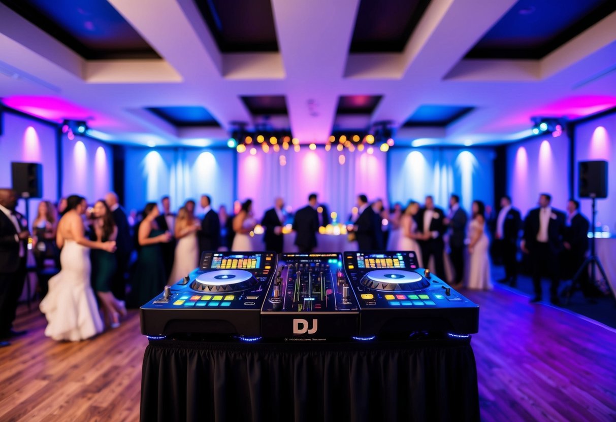 A DJ booth at a wedding reception, with colorful lights and a dance floor filled with guests