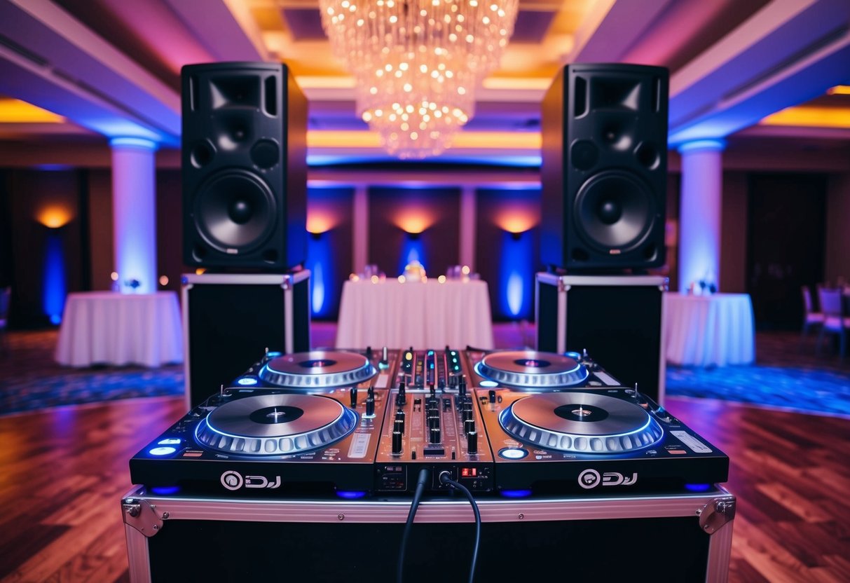 A DJ booth with speakers and turntables set up in front of a dance floor at a wedding venue, with colored lights and a lively atmosphere
