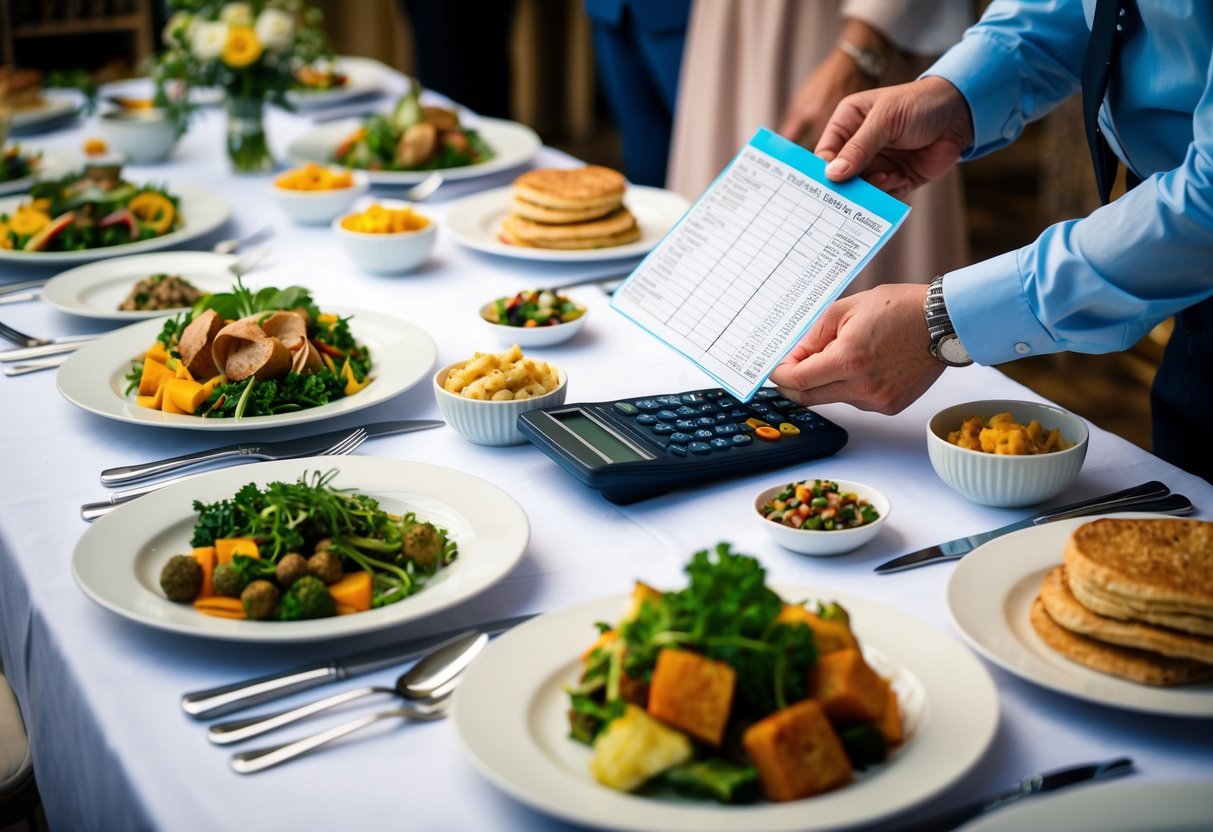 A table covered with plates, cutlery, and various food items. A person with a calculator and spreadsheet, measuring and calculating portions for a wedding feast