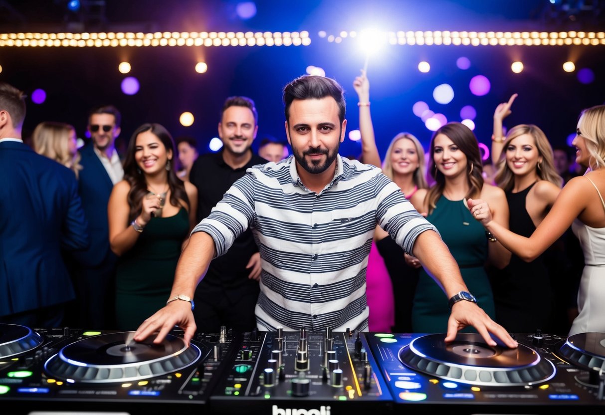 The DJ stands behind the turntables, surrounded by dancing guests and pulsing lights