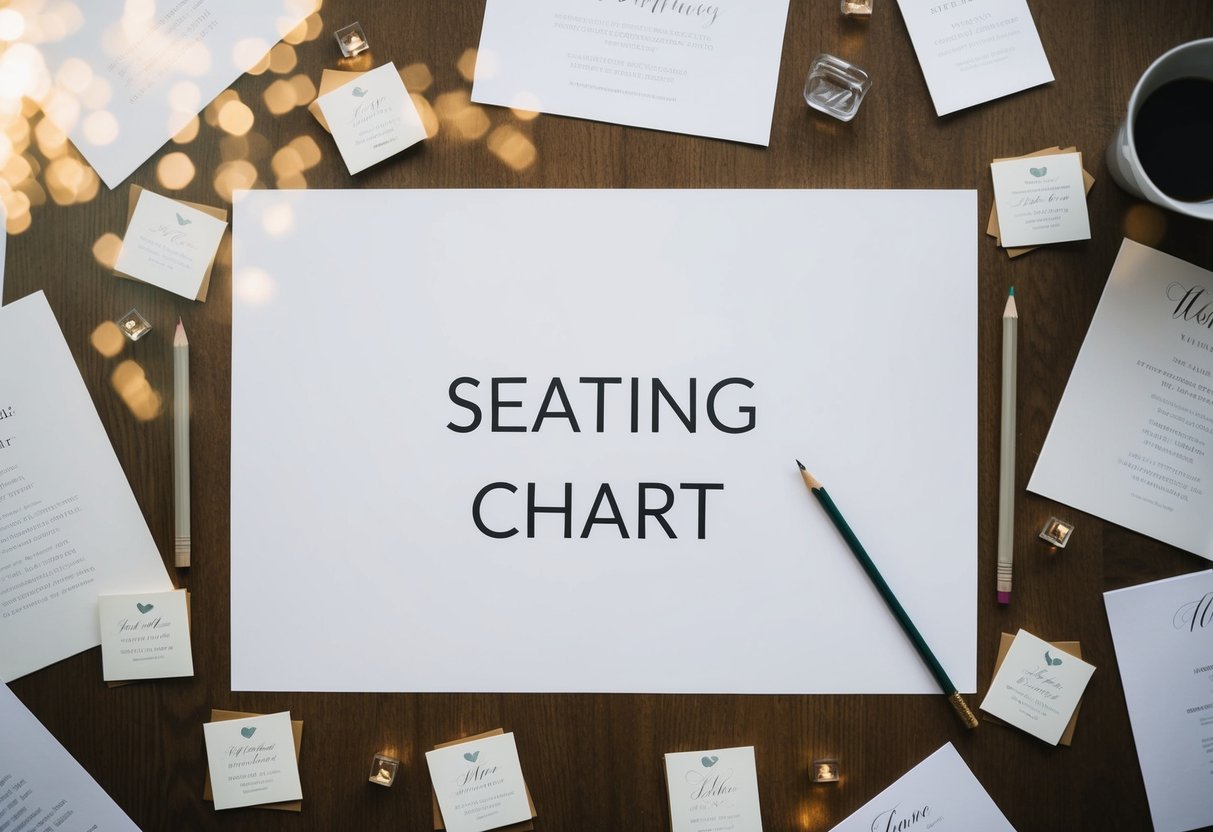 A table with a blank seating chart, surrounded by scattered wedding invitations and a pencil