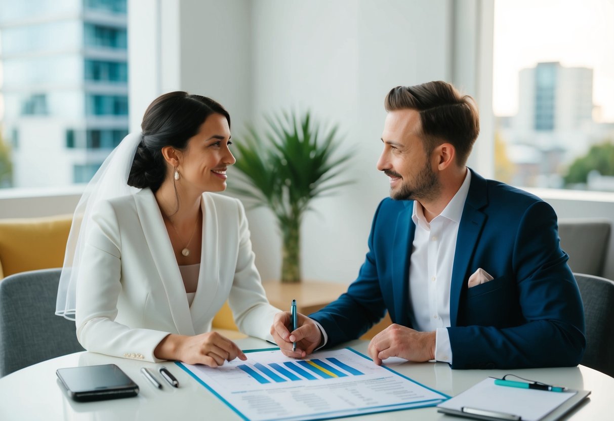 A couple sits at a table with a budget spreadsheet and a map of potential wedding venues, discussing and making decisions