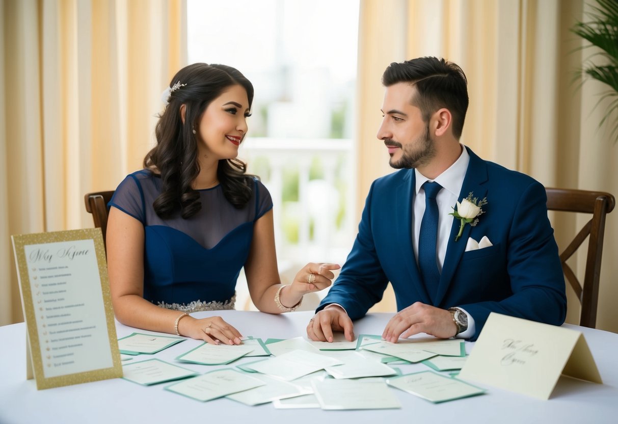A couple sitting at a table, surrounded by wedding invitations and a list of potential guests. They are discussing and making decisions about who to invite to their wedding