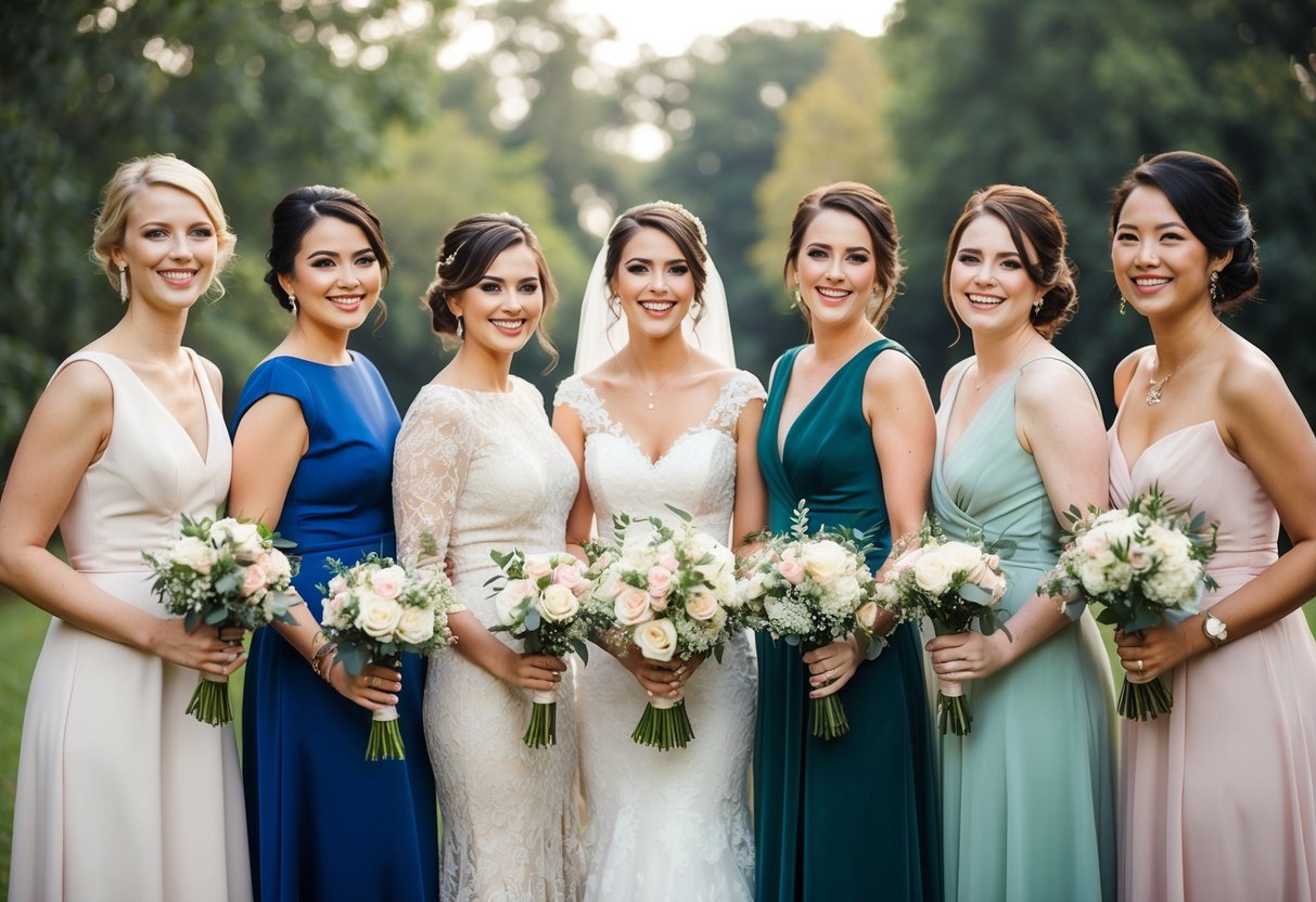 A group of bridesmaids in various dresses and hairstyles stand together, smiling and holding bouquets