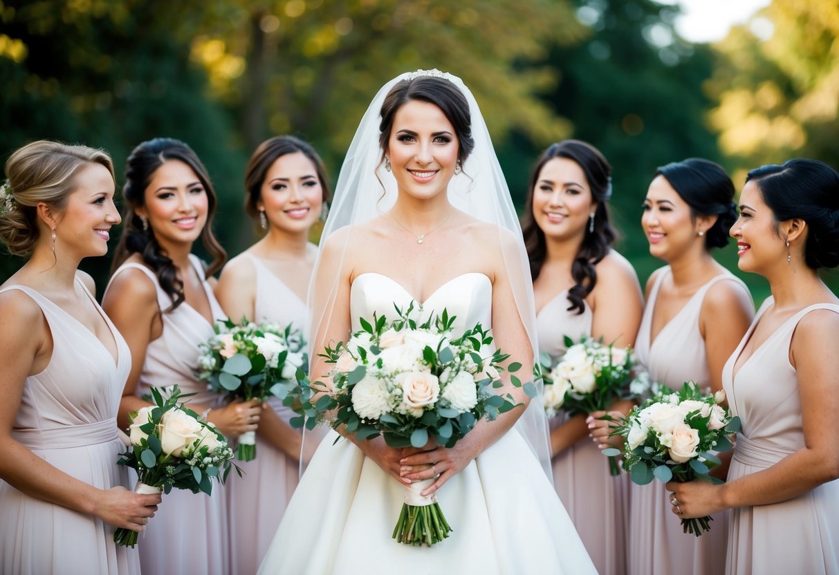 A bride holding a bouquet surrounded by several bridesmaids in various poses