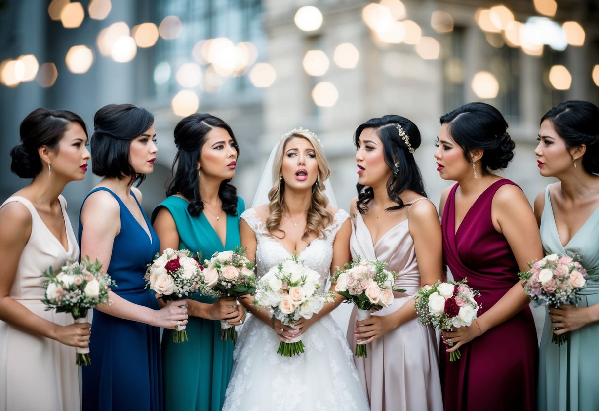 A bride surrounded by a group of women, each holding a different bouquet, as she struggles to choose her bridesmaids