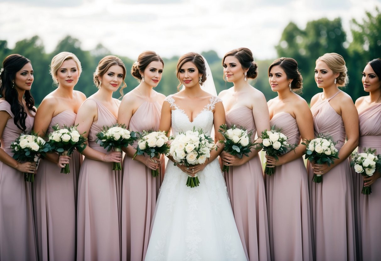 A bride with a group of bridesmaids standing in a formation, arranging themselves for the wedding ceremony