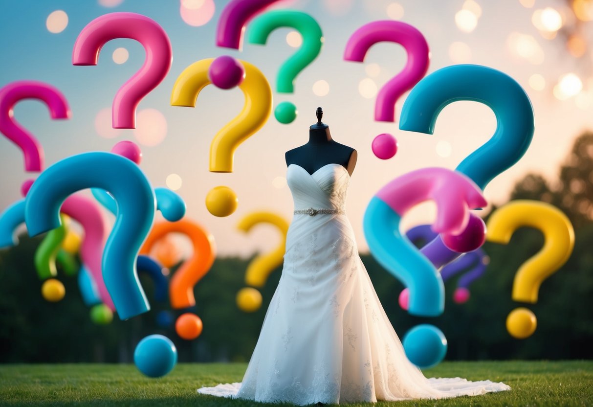 A group of colorful question marks float freely in the air, surrounding a wedding dress on a mannequin