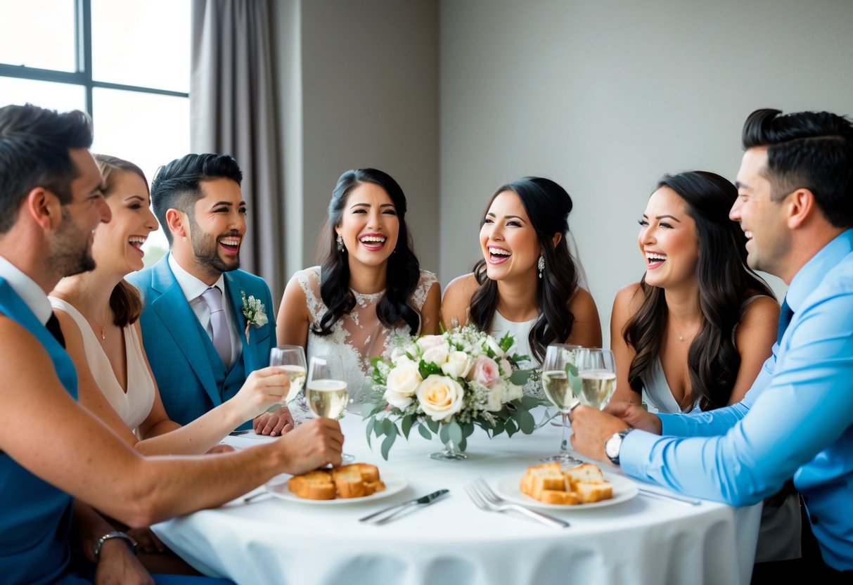 A group of friends gathered around a table, laughing and asking each other questions about the bride. A sense of excitement and camaraderie fills the air