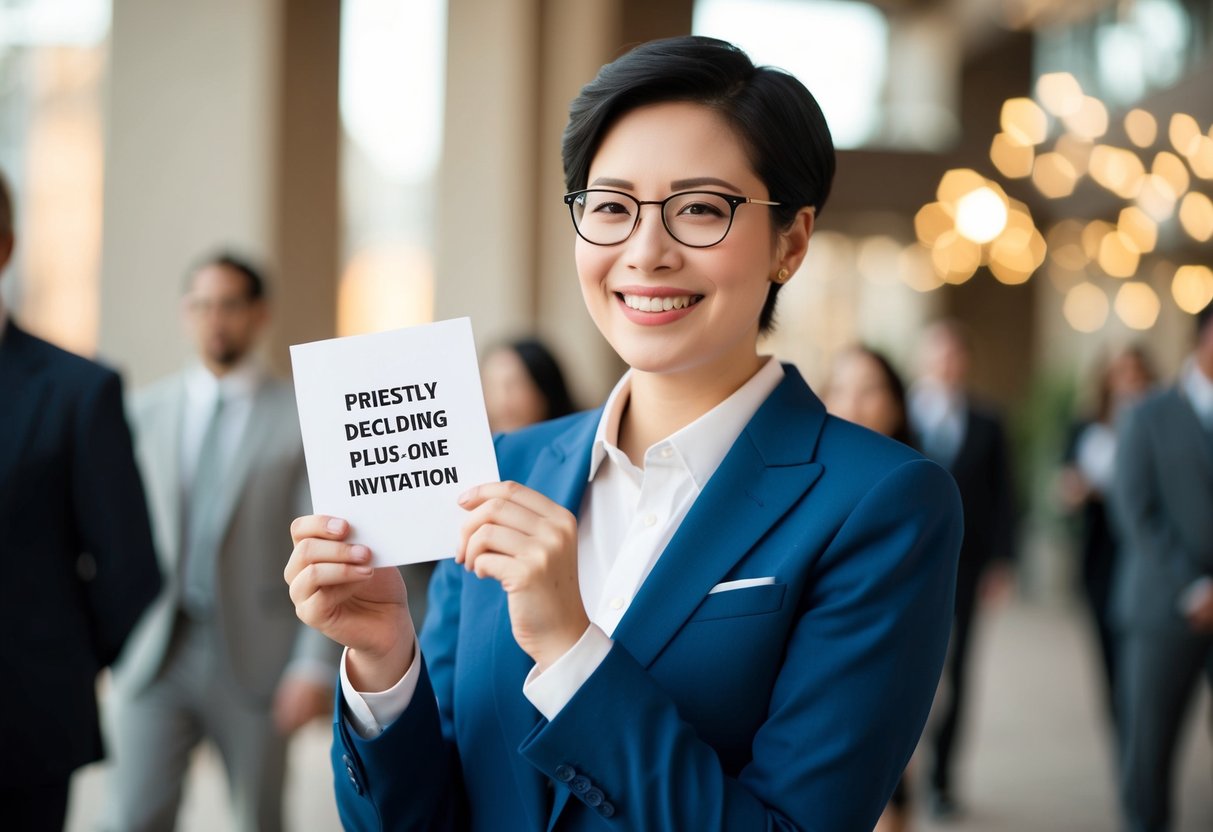 A person politely declining a plus-one invitation with a friendly smile