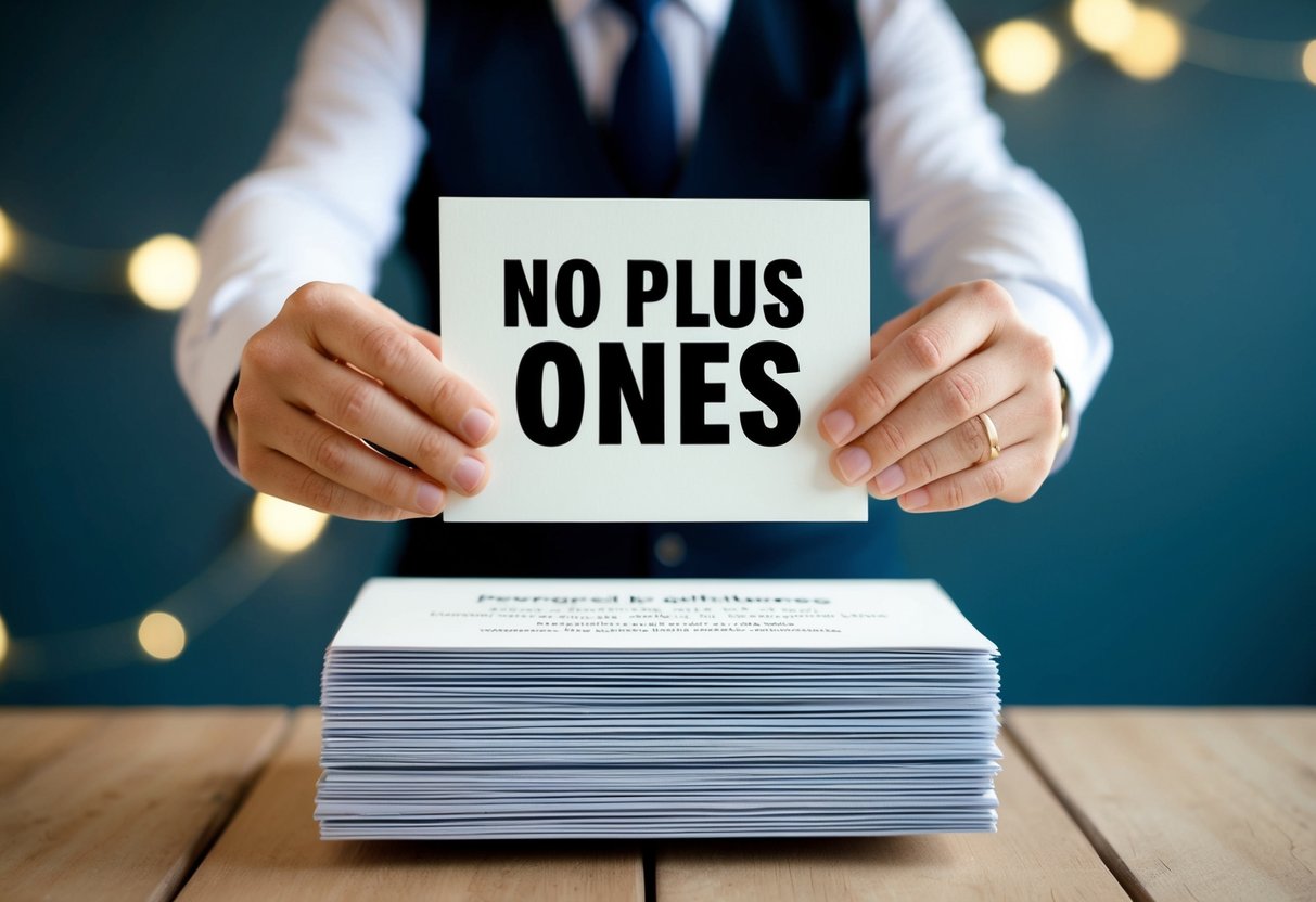 A person holding a stack of invitations, gesturing with a polite but firm expression to indicate “no plus ones.”