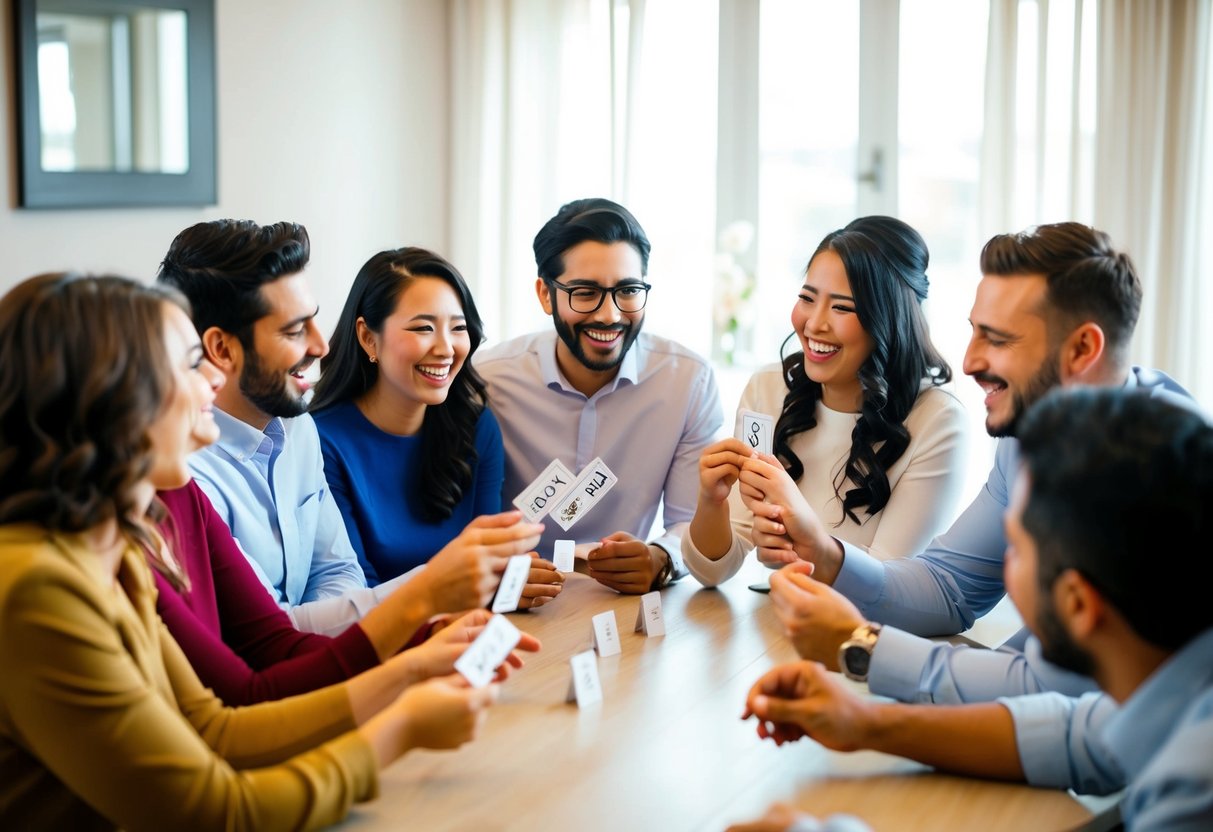 A group of people gathered around a table, laughing and chatting while playing a game with question cards about the bride