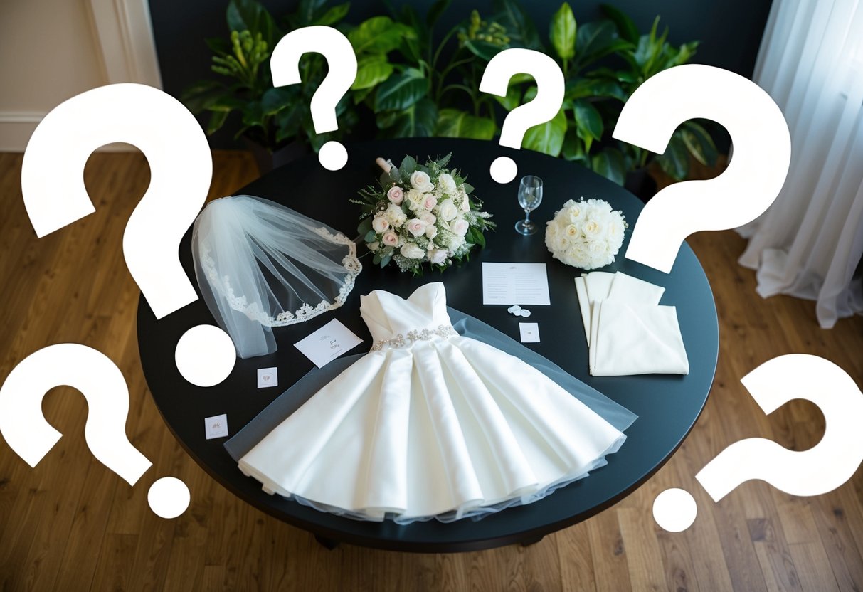 A table with a variety of wedding-related items such as a veil, bouquet, and wedding dress swatches, surrounded by question marks and exclamation points