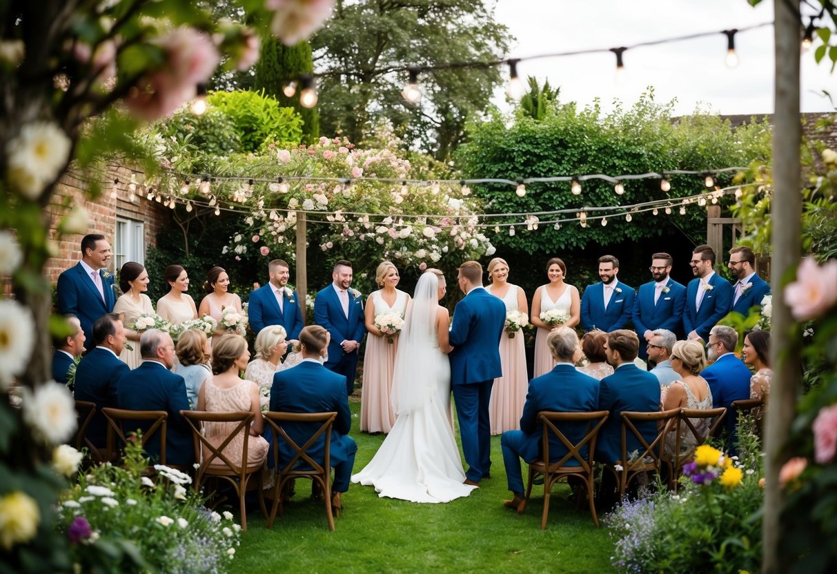 A small wedding with 20 guests gathered in a cozy garden, surrounded by blooming flowers and twinkling string lights