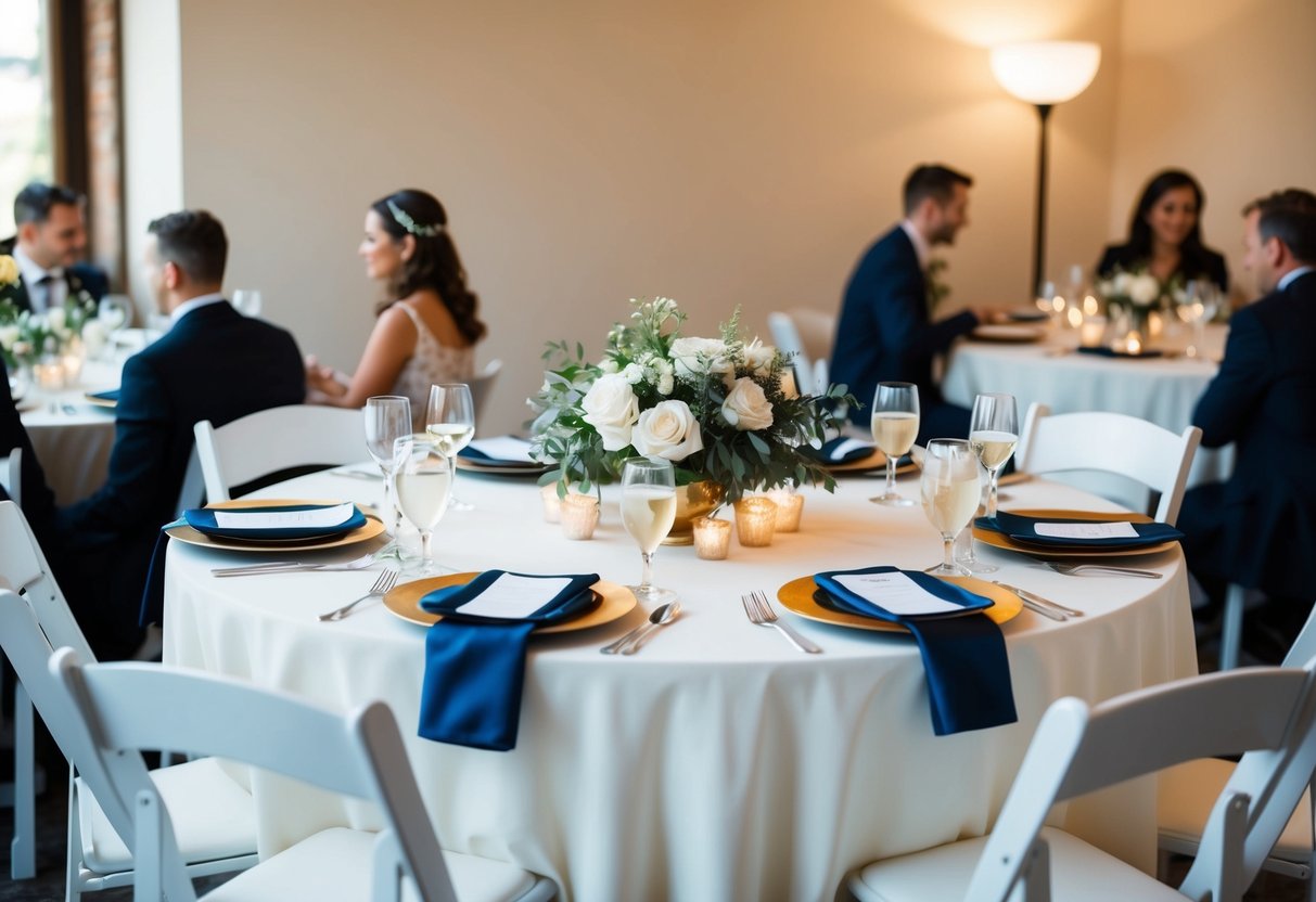 A small wedding venue with a decorated table set for a few guests, surrounded by intimate seating and minimal decor