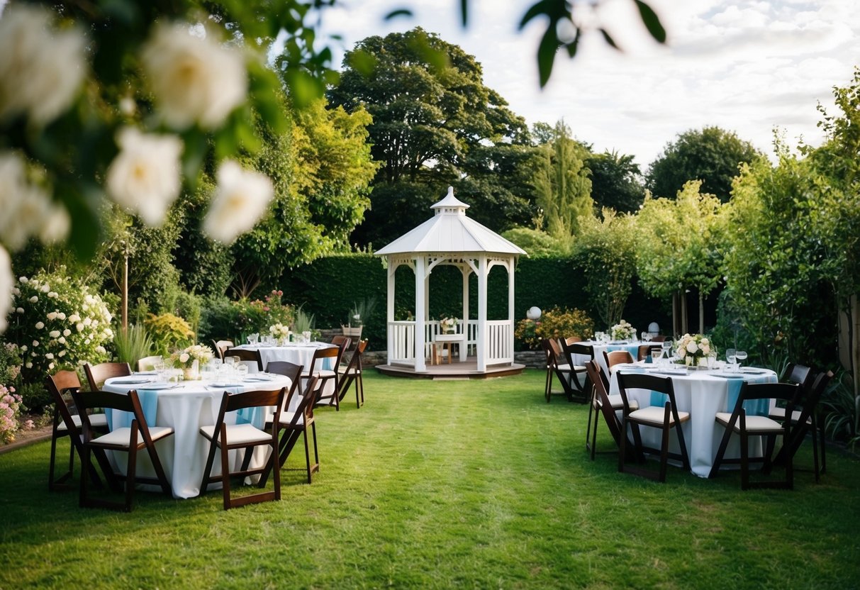 A cozy outdoor garden with a small gazebo, surrounded by a few tables and chairs, set for an intimate wedding reception with a limited number of guests
