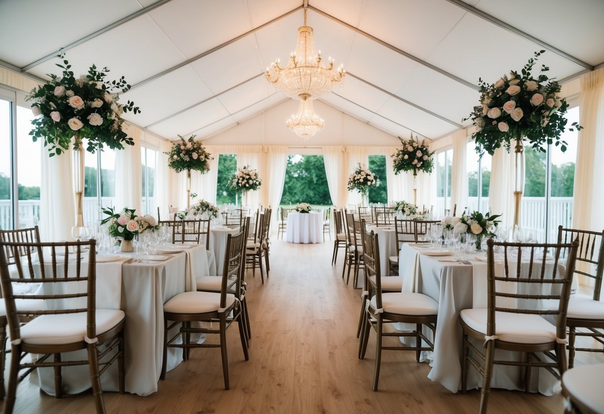 A small wedding venue with a limited number of chairs and tables, adorned with elegant decorations and floral arrangements