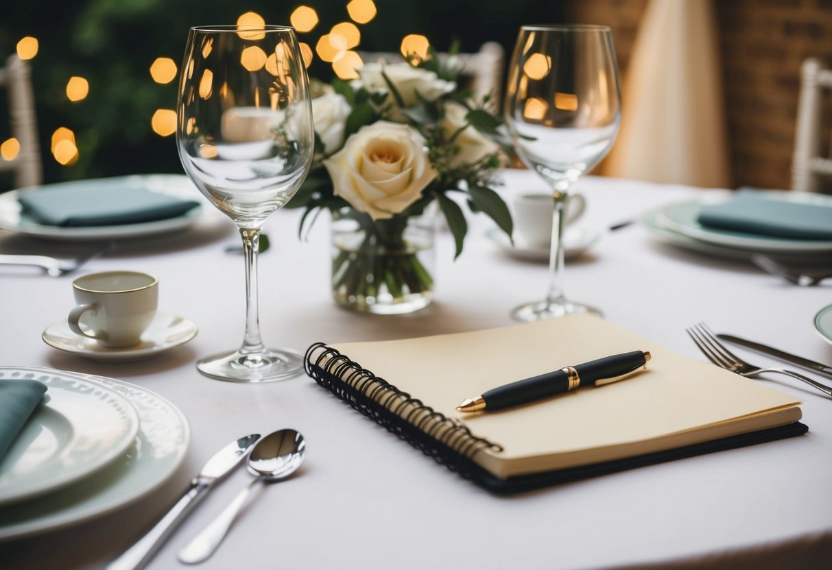 A table with place settings for a small wedding, with a pen and notebook for finalizing the guest list