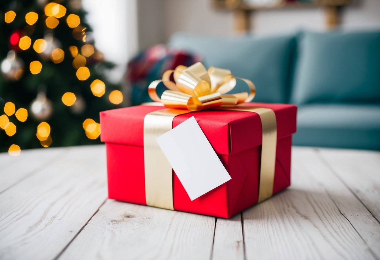 A beautifully wrapped gift box with a bow and card