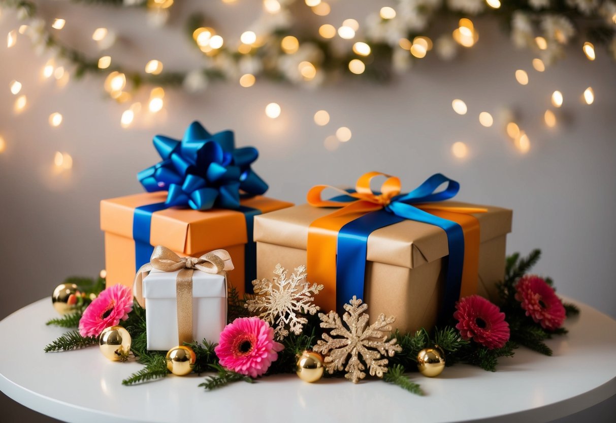 A gift table with a beautifully wrapped present surrounded by flowers and decorative accents