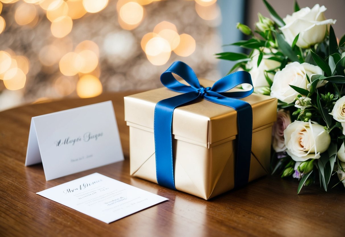 A beautifully wrapped gift box sits on a table next to a wedding card and a bouquet of flowers
