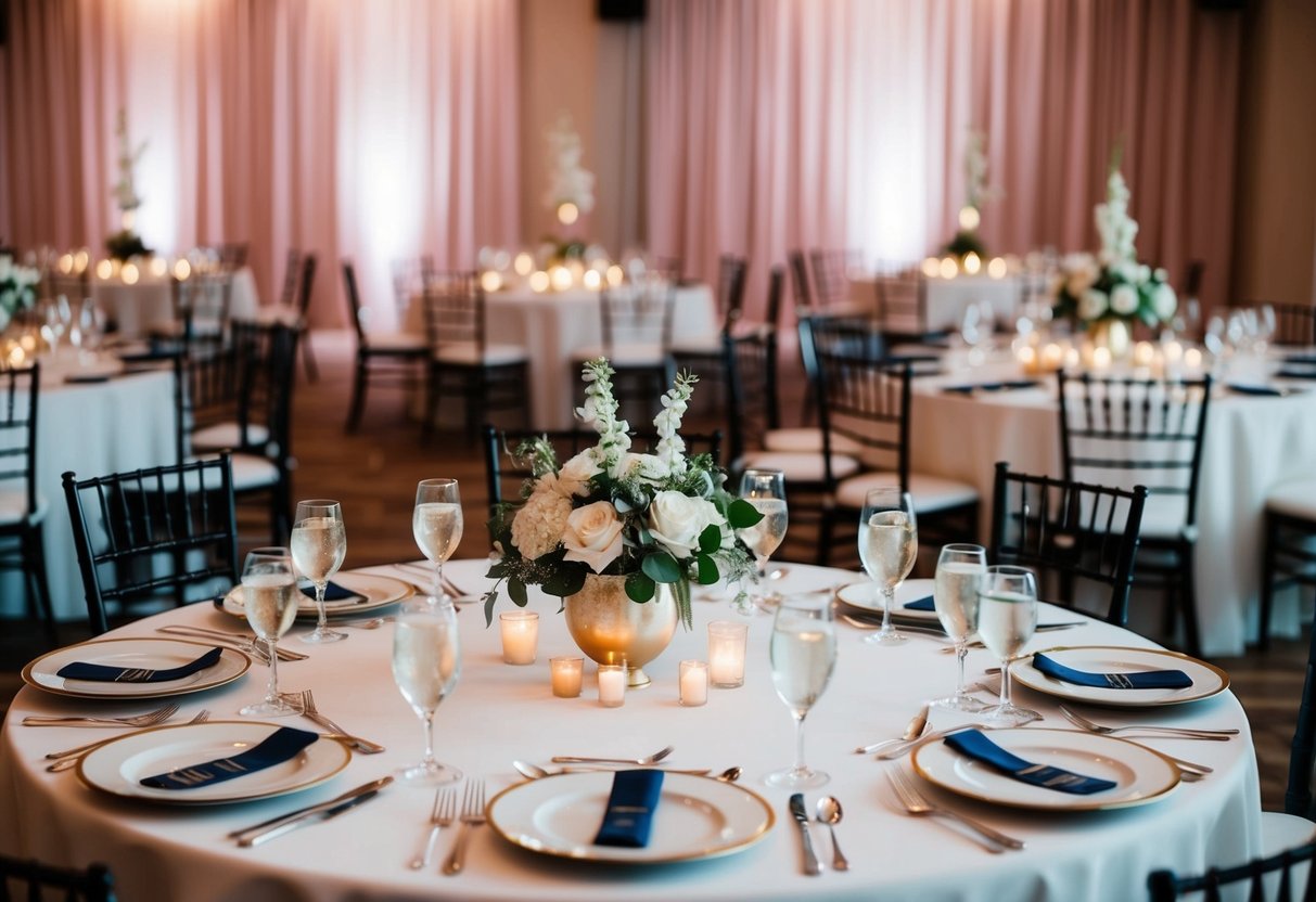 A table set for a wedding reception with multiple place settings and elegant decor