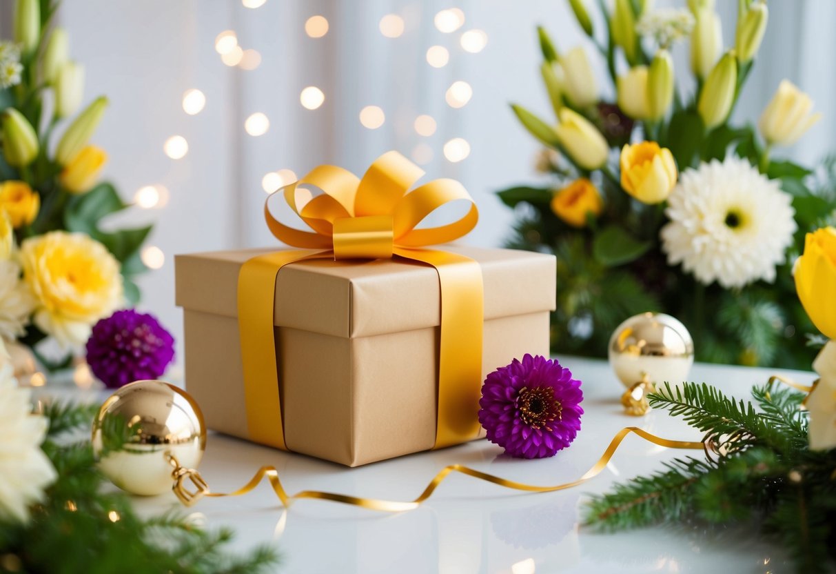 A beautifully wrapped gift box sits on a table, surrounded by elegant decorations and flowers