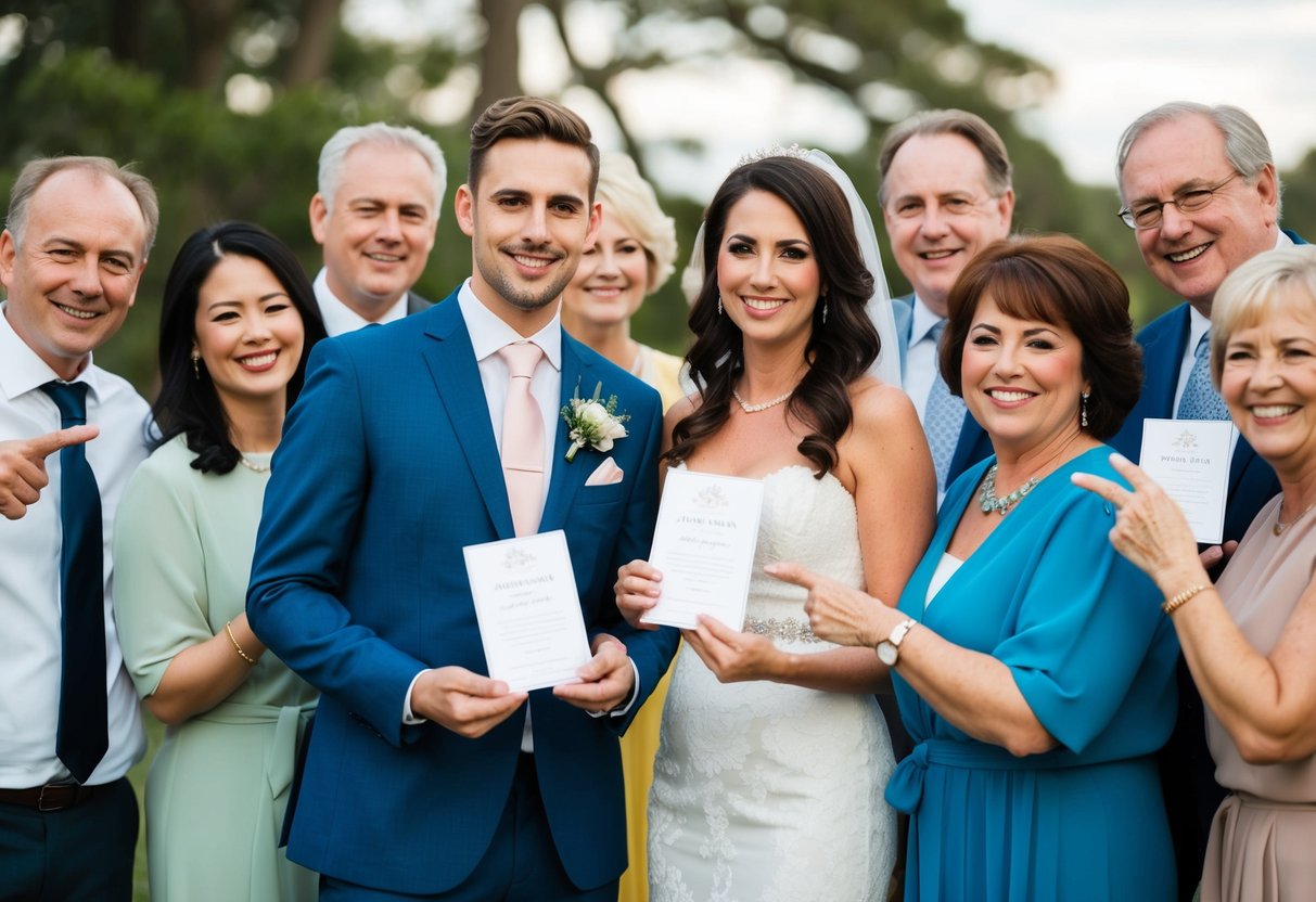 A couple standing together, holding wedding invitations, surrounded by a group of family and friends. The parents are gesturing to the invitations, indicating their involvement in the guest list