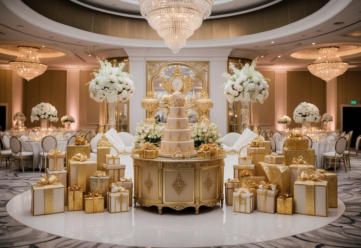A lavish wedding reception with opulent decorations and a display of extravagant gifts