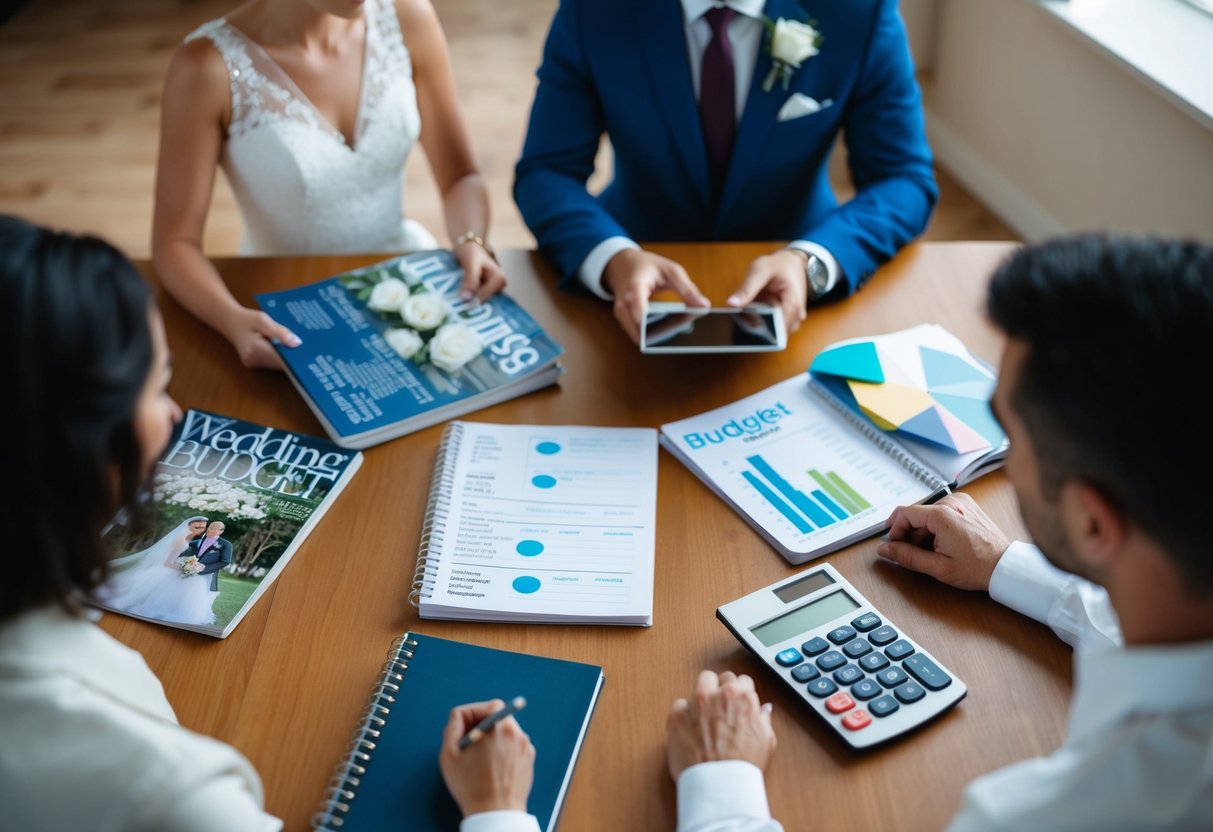 A couple sits at a table with a notebook and calculator, surrounded by wedding magazines and a budget spreadsheet. They discuss how many guests to invite