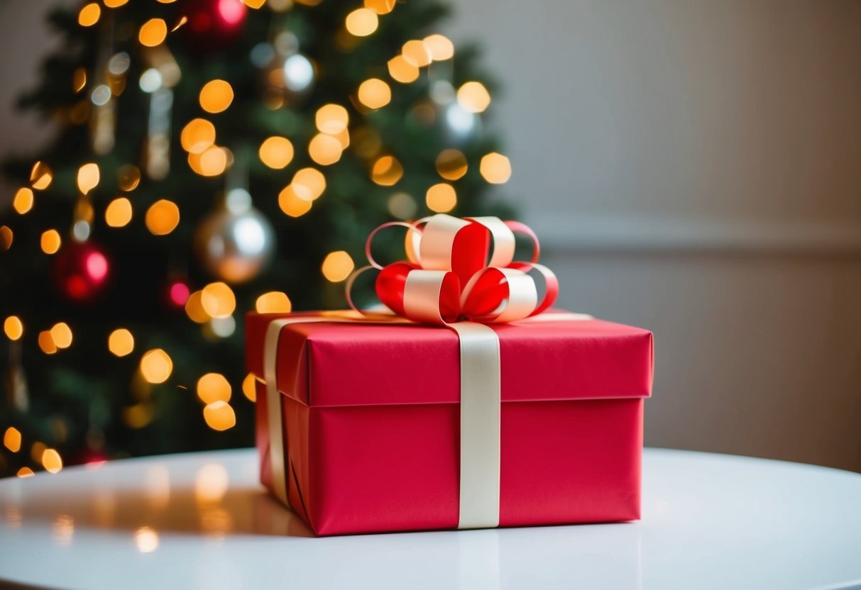 A beautifully wrapped gift box on a table with a ribbon and bow