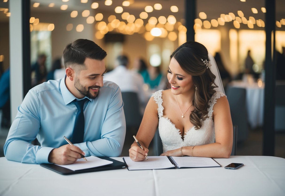 A couple seated at a table with a pen and paper, discussing and making notes on the guest list for their wedding