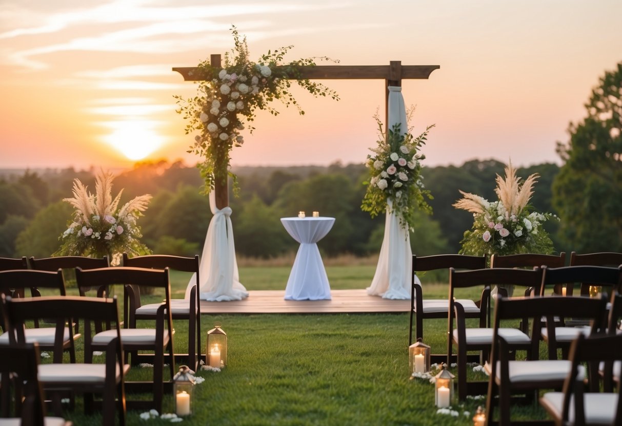 A serene outdoor setting with warm sunset lighting, a flower-adorned altar, and scattered seating for guests