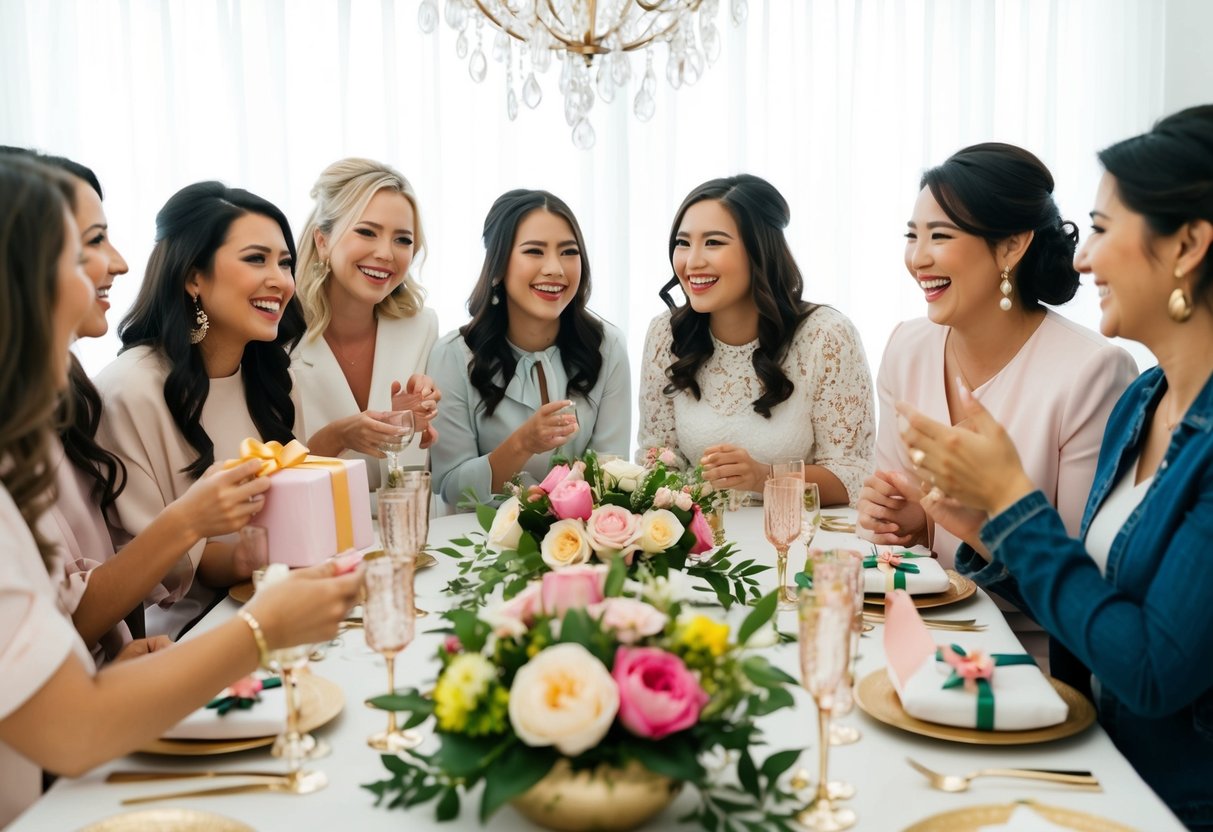 A group of women gathered around a beautifully decorated table with flowers and gifts, chatting and laughing during a bridal shower